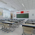 Bright School Classroom Interior With Desks Chairs Blackboard And Flag 3d model