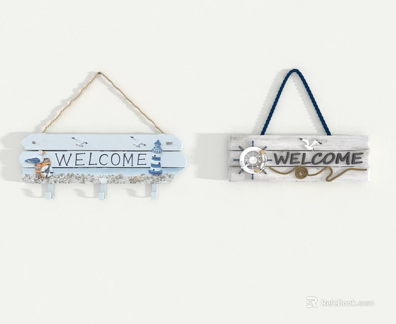 Rustic Swing Door Decorated With Blue White Welcome Signs And Shell Ornaments 3d model 