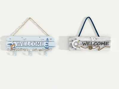 Rustic Swing Door Decorated With Blue White Welcome Signs And Shell Ornaments 3d model