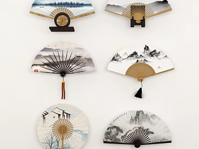 Fan Shaped Chinese Wall Decor With Traditional Landscape Art And Tassels 3d model