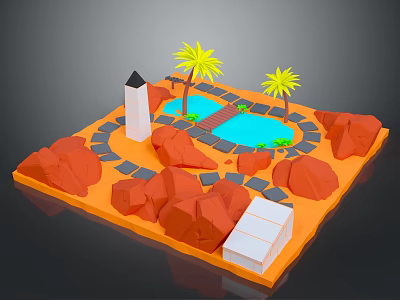 Tropical Scene With Blue Pool Palm Trees Rocks White Tower Stone Path And Small House 3d model