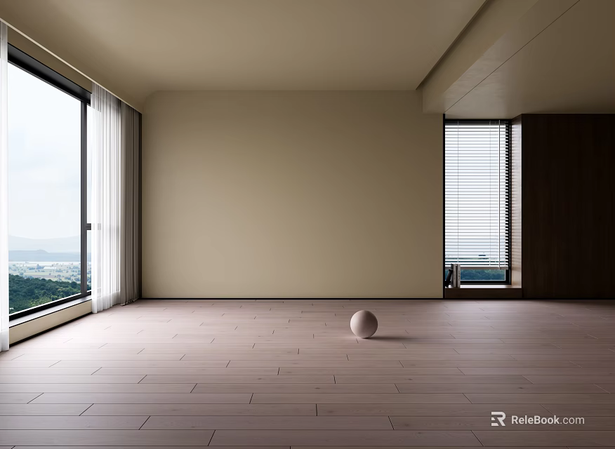 Spacious Room Interior With Wooden Floor Large Windows Mountain View And White Sphere 3d model 