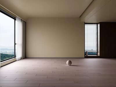 Spacious Room Interior With Wooden Floor Large Windows Mountain View And White Sphere 3d model