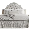 Elegant Double Bed With Tufted Headboard And Neutral Bedding Pillows Blanket 3d model