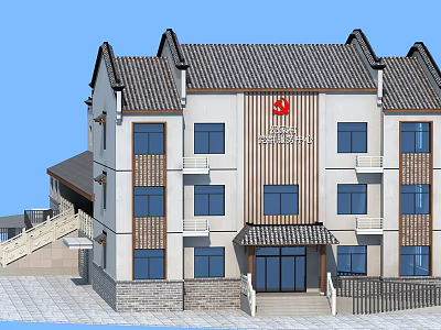 Traditional Chinese Style Building With Red Logo Gray Roof And Multiple Floors 3d model