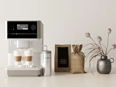Modern Kitchen Appliance Coffee Machine with Coffee Cups Bags and Decorative Vase 3d model
