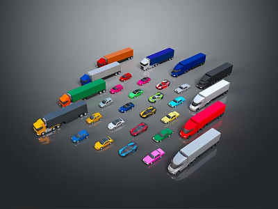 Various Colored Vehicles Including Trucks Cars And Vans Arranged On Gray Background 3d model