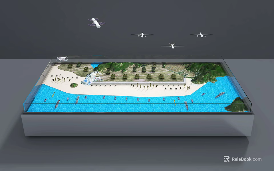 Realistic Sand Table Featuring Water Area Beach Vegetation Mountains And Airplane Models 3d model 
