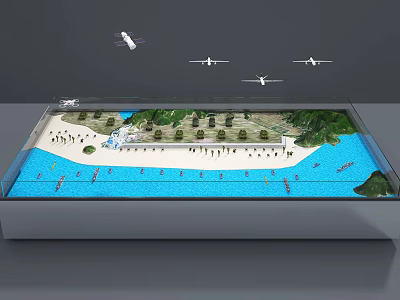 Realistic Sand Table Featuring Water Area Beach Vegetation Mountains And Airplane Models 3d model