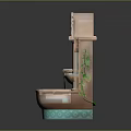 Ornate Arch Shaped Fountain With Decorative Circular Center Turquoise Accents Green Leaf And Basin Base