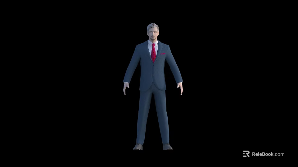 Man in Blue Suit With Red Tie Standing Against Black Background 3d model 