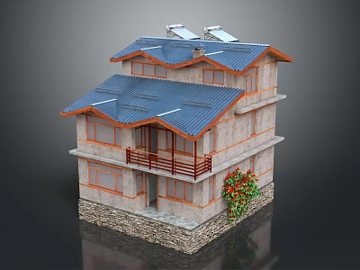 Two Story House Featuring Blue Roof Solar Panels Orange Window Frames Stone Base and Greenery 3d model