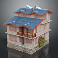 Two Story House Featuring Blue Roof Solar Panels Orange Window Frames Stone Base and Greenery