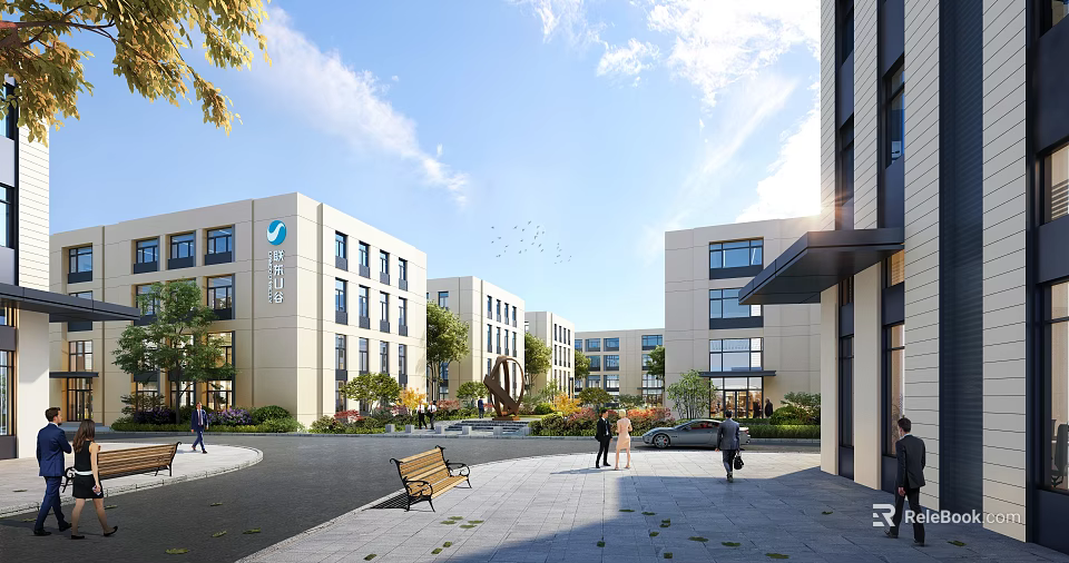 Modern Industrial Park Campus with Modern Buildings Lush Greenery Plaza Space Pedestrians and Vehicles 3d model 