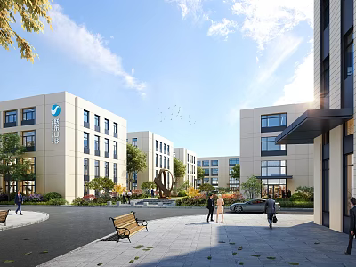 Modern Industrial Park Campus with Modern Buildings Lush Greenery Plaza Space Pedestrians and Vehicles 3d model