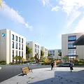 Modern Industrial Park Campus with Modern Buildings Lush Greenery Plaza Space Pedestrians and Vehicles