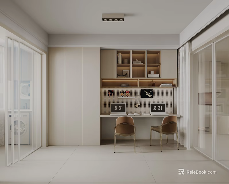 Modern Study Room With Grid Wall Double Desks Chairs And Cabinets 3d model