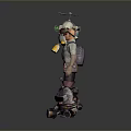 Adventurer Character With Goggles Backpack Gray Outfit Flying Yellow Green Creature And Wheeled Mechanical Creature