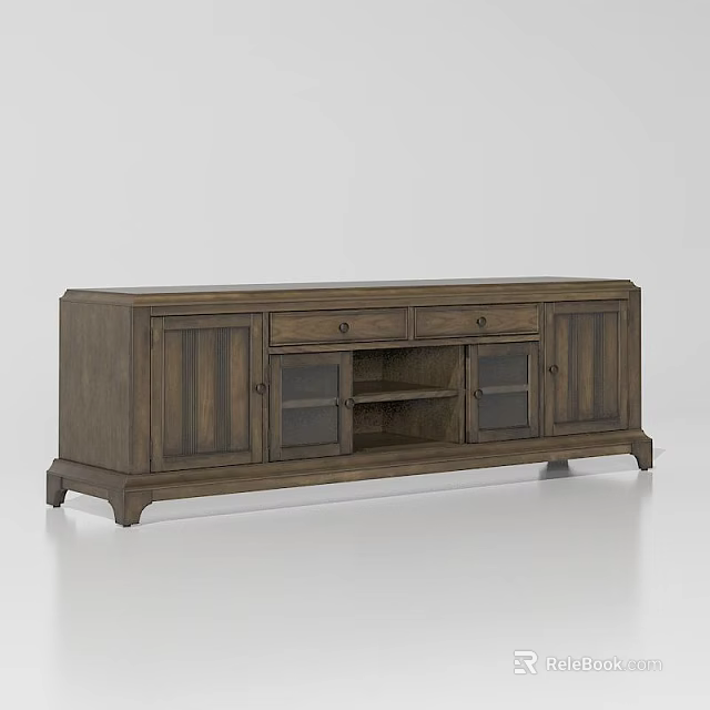 Vintage Wooden TV Stand With Drawers And Glass Door Storage Design 3d model 