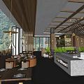 Rustic Wooden Restaurant Interior With Hanging Chandeliers Dining Tables And Natural Views