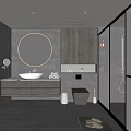 Modern Bathroom Interior With Round Backlit Mirror Gray Vanity And Shower Enclosure