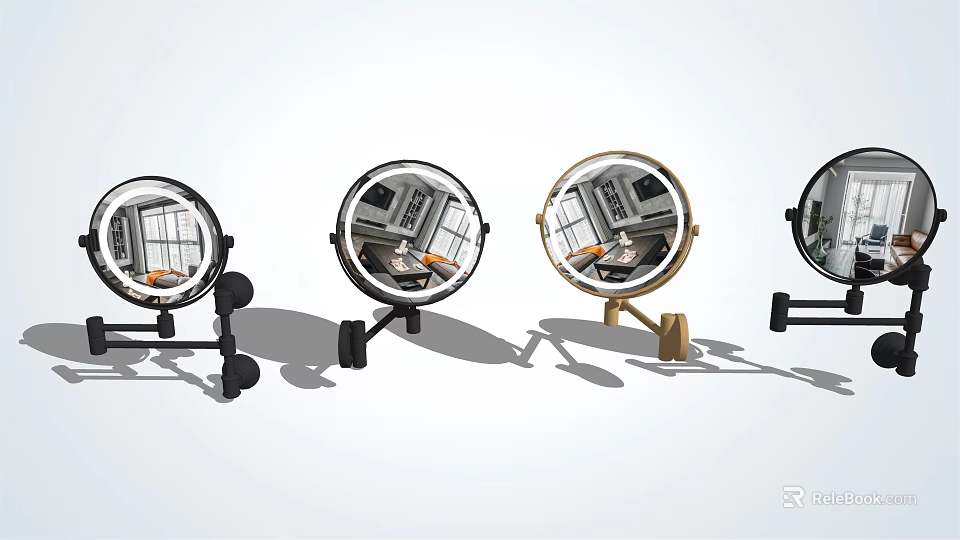 Round Mirrors with Black and Gold Stand Designs Reflecting Modern Kitchen Interior 3d model