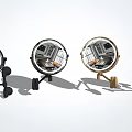 Round Mirrors with Black and Gold Stand Designs Reflecting Modern Kitchen Interior 3d model