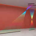 Colorful Transparent Geometric Art Installation With Light Effects On Orange Wall And White Floor