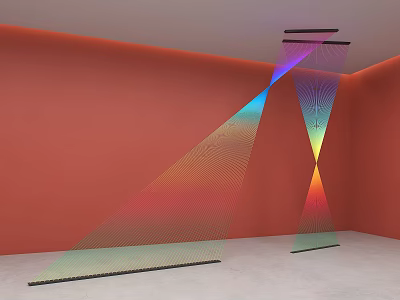 Colorful Transparent Geometric Art Installation With Light Effects On Orange Wall And White Floor 3d model