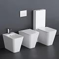 Three White Wall Mounted Toilets With Different Heights On Grey Bathroom Wall 3d model