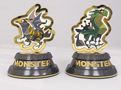 Monster Trophy With Cartoon Monster Figures On Black Base And Gold Edge 3d model