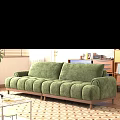 Cozy Green Velvet Two-Seater Sofa With Wooden Legs Blinds And Wall Art In Living Room