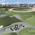 Park Landscape Design With Circular Structure Lake Green Spaces Hills and Trees
