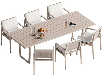 Modern Slatted Dining Table Set With Six Wicker Chairs And Fruit Platter On Top 3d model