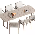 Modern Slatted Dining Table Set With Six Wicker Chairs And Fruit Platter On Top