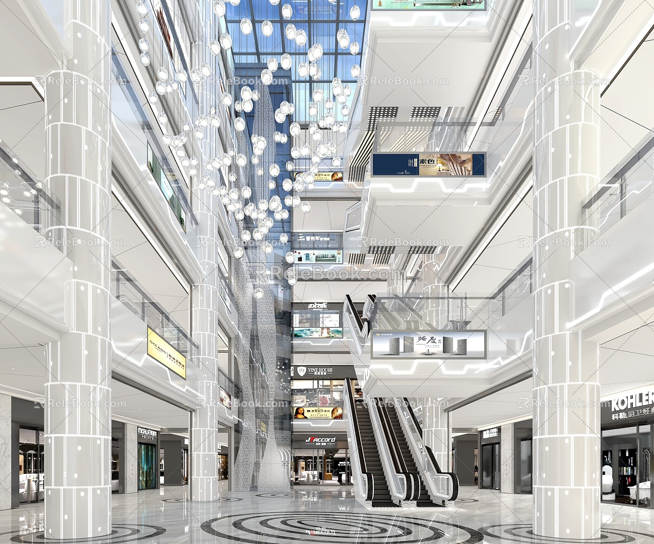 modern shopping mall lobby modern shopping mall lobby elevator sightseeing ladder glass elevator escalator rolling ladder chandelier glass roof glass handrail 3d model