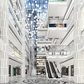 Modern Shopping Mall Atrium Interior With Glass Ceiling Hanging Lights And Escalators