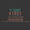 Cartoon Scene of Traditional Chinese Two Story Building With Green Roof Red Railings And Lanterns