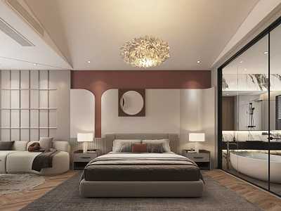 Luxury Modern Hotel Guest Room With Bed Sofa Chandelier And Bathtub 3d model