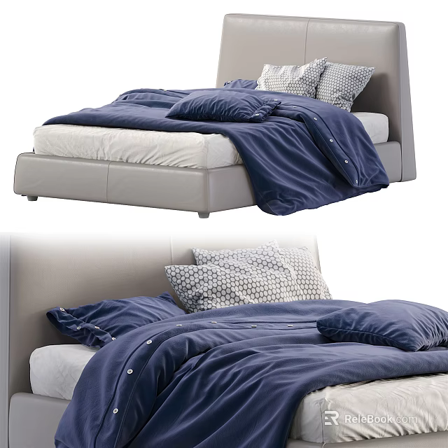 Modern Upholstered Double Bed With Blue Bedding And Patterned Pillows 3d model 