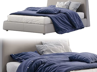 Modern Upholstered Double Bed With Blue Bedding And Patterned Pillows 3d model