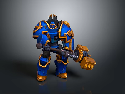 Blue And Gold Mech Warrior With Heavy Hammer And Detailed Armor Design 3d model