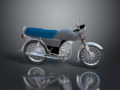 Gray Motorcycle with Blue Seat and Silver Wheels on Reflective Surface 3d model