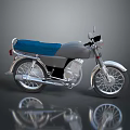 Gray Motorcycle with Blue Seat and Silver Wheels on Reflective Surface
