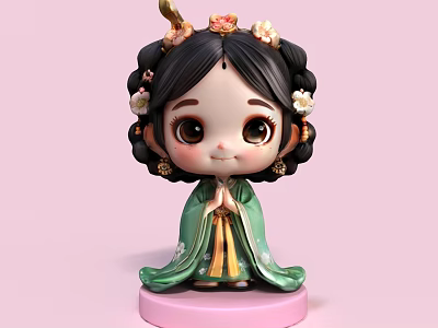 Cute Traditional Chinese Decorative Ornament Figurine Set With Green Robe Flower Accents And Pink Base 3d model