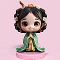 Cute Traditional Chinese Decorative Ornament Figurine Set With Green Robe Flower Accents And Pink Base