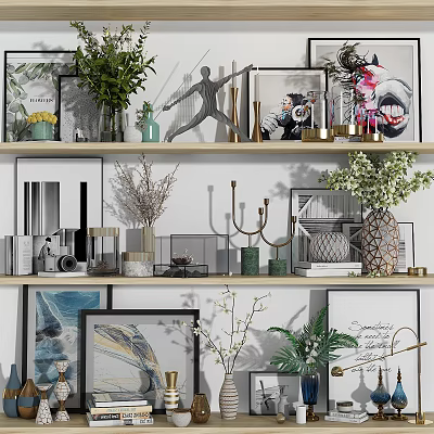 Modern Artistic Decorative Ornament Set With Green Plants Photo Frames Vases And Sculptures On Shelves 3d model
