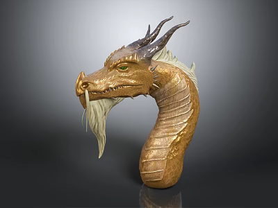 Golden Dragon Head 3D Model With Intricate Scaled Texture Horns And White Beard 3d model