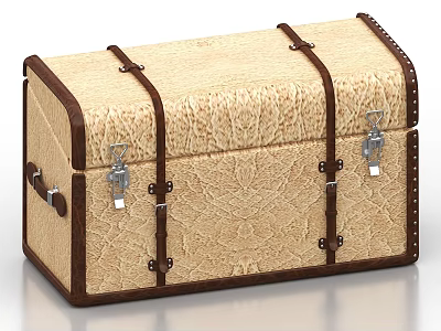 Vintage Beige Patterned Trunk with Brown Leather Straps Metal Buckles and Keys 3d model