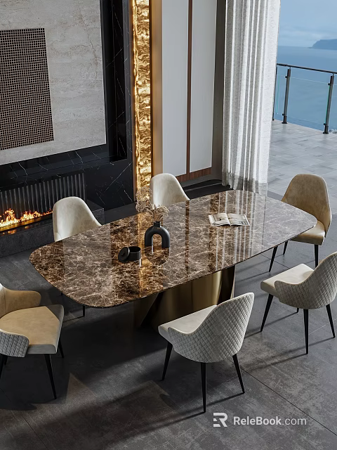 Elegant Modern Dining Table Set With Marble Top Beige Upholstered Chairs Fireplace And Water View 3d model 